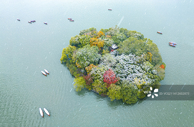 杭州西湖三岛阮公墩雪景航拍图片素材