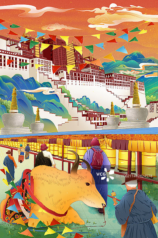 国潮风中国风西藏风景布达拉宫插画 地标景点 铜色转金 游客牧民与耗牛图片素材