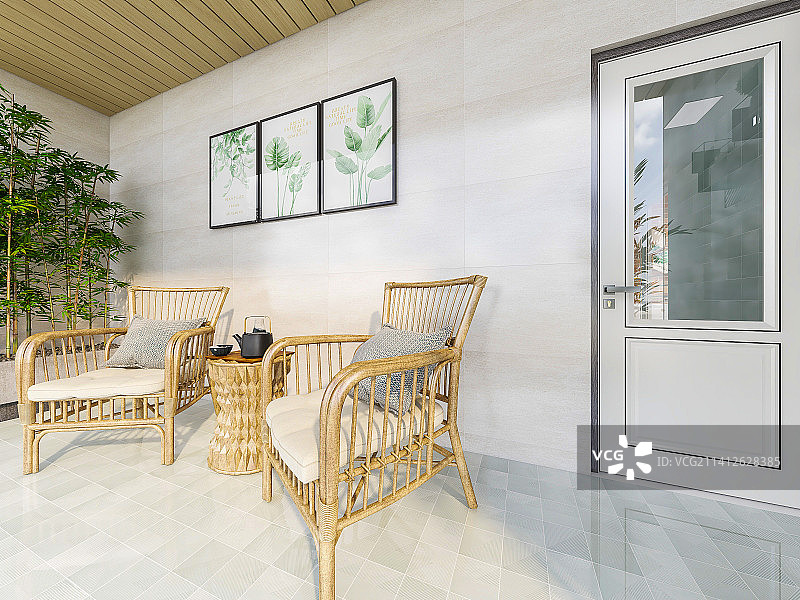 种着绿色植物，摆放着休闲椅的开放式外阳台室内设计图片素材