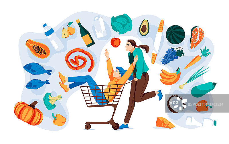 女孩们乘坐超市手推车图片素材