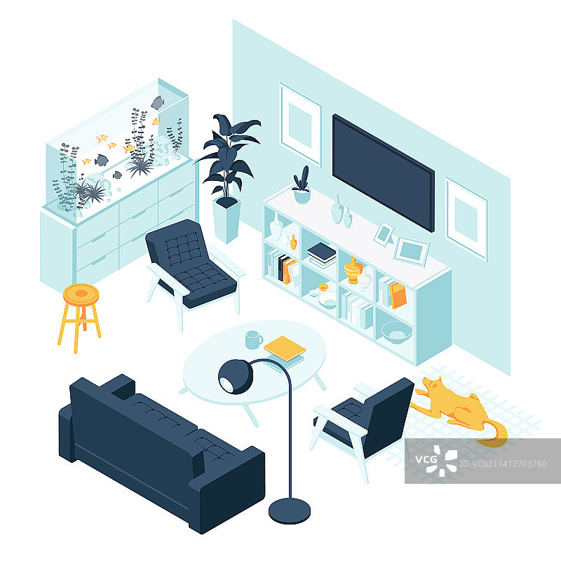 带有水族箱的2.5D客厅家居图片素材