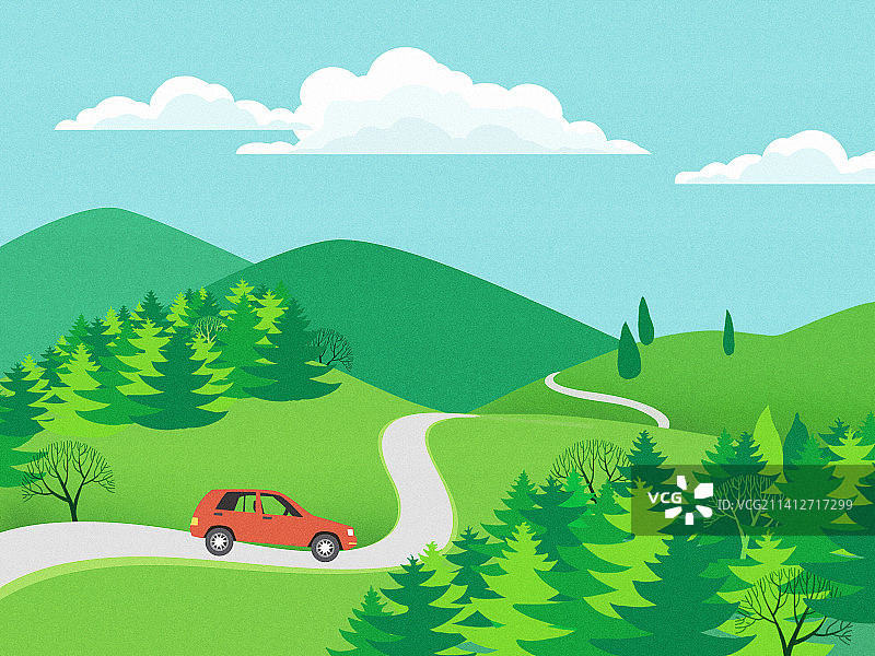 春天户外郊游旅行踏青绿色自然汽车山路白云插画图片素材