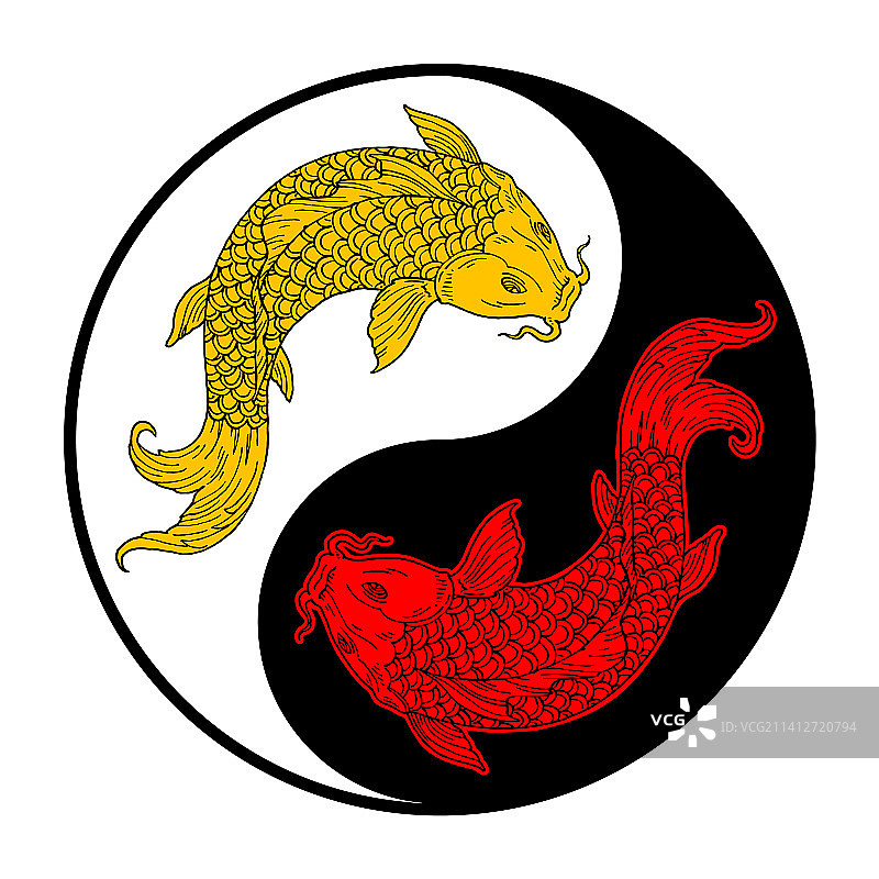 两条锦鲤阴阳符号复古雕刻图片素材
