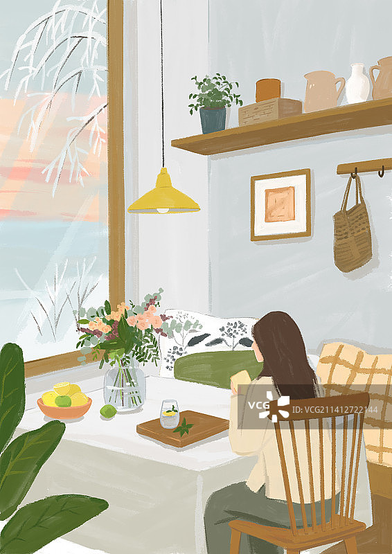 手绘女生宅家早餐独居生活插画绘图独处女孩吃早饭图片素材