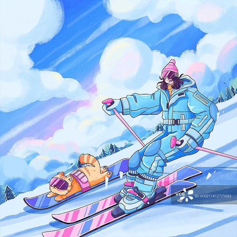 蓝色女孩滑雪图片素材