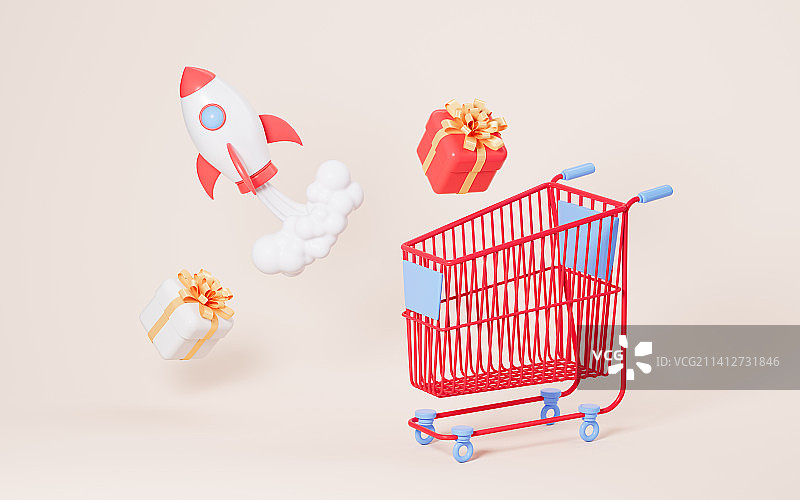 火箭运输与购物车概念3D渲染图片素材