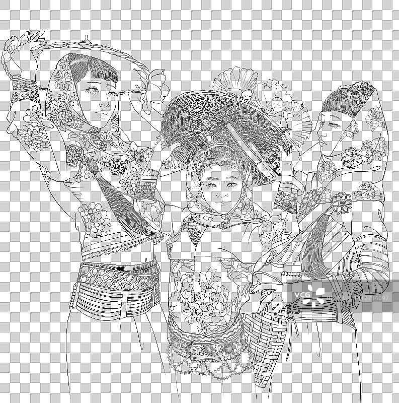渔家女白描线稿免扣元素PNG图片素材