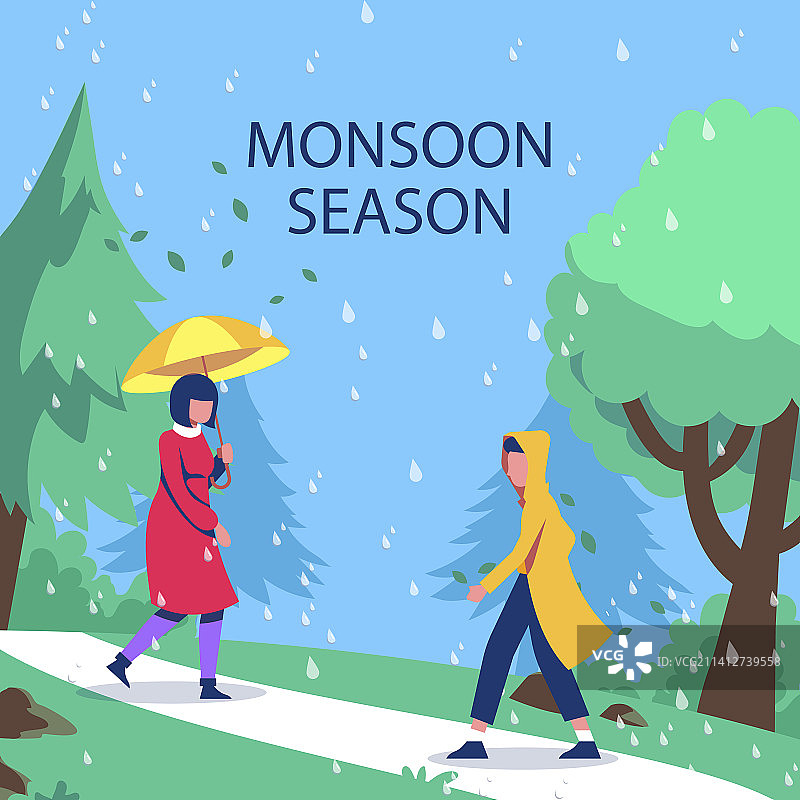 扁平风格的季风季节人物图片素材