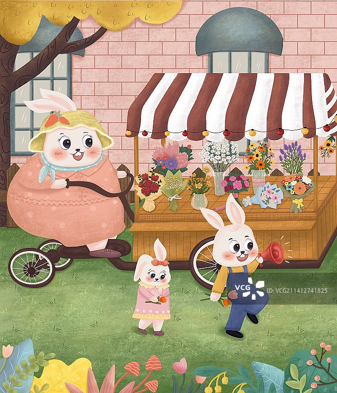 插画卖花的兔子图片素材