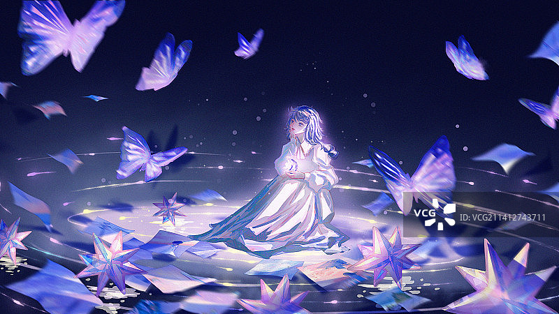 少女坐着望向飞舞的蝴蝶插画图片素材