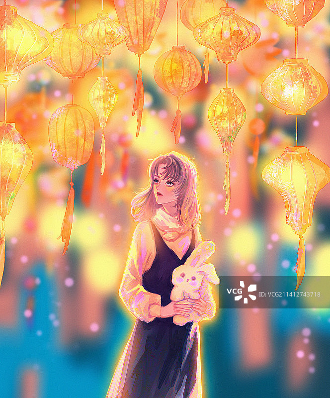 少女在灯会中回眸插画图片素材