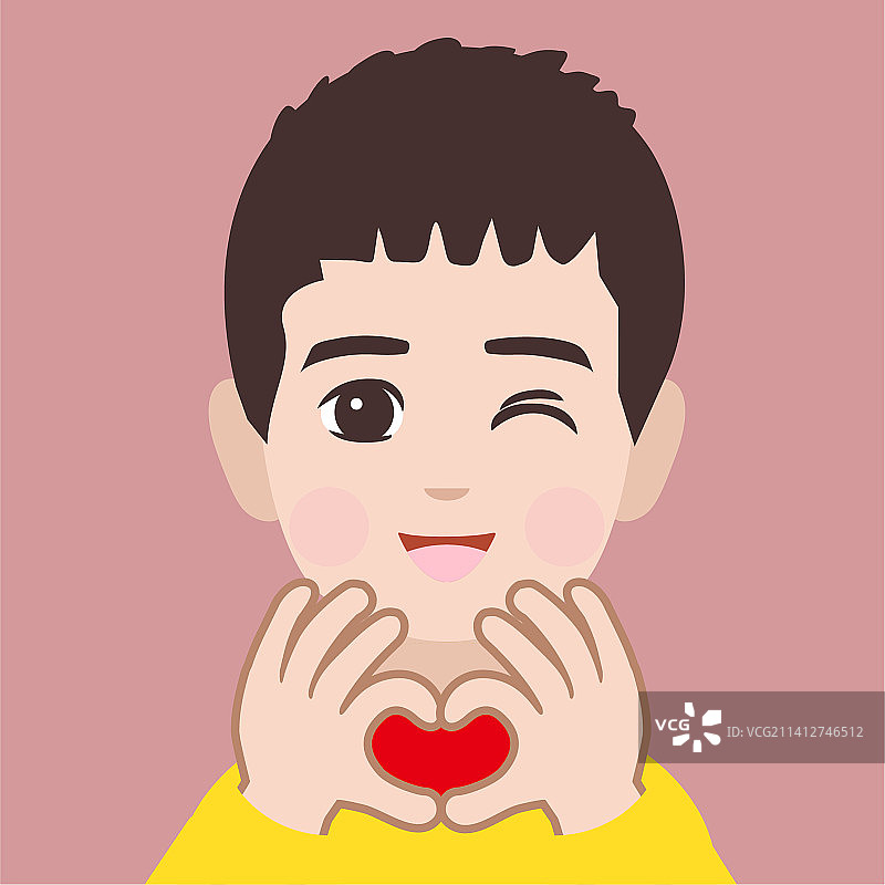 眨一只眼睛双手比出爱心的小男孩图片素材