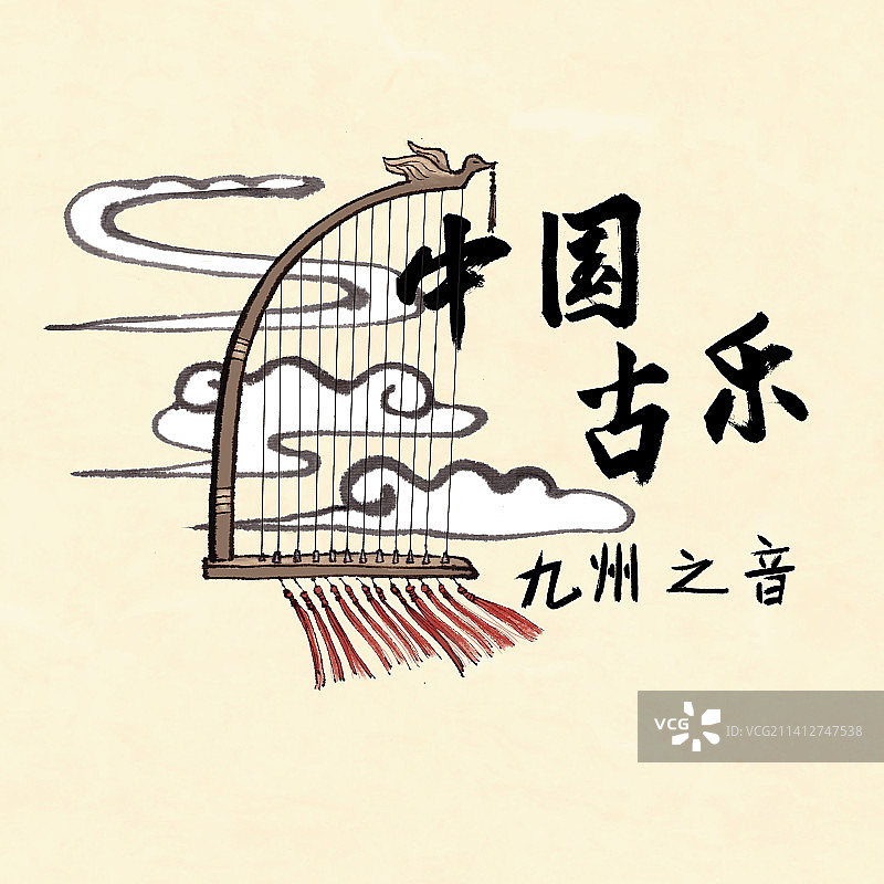 中国古风音乐水墨风格乐器封面插画箜篌图片素材