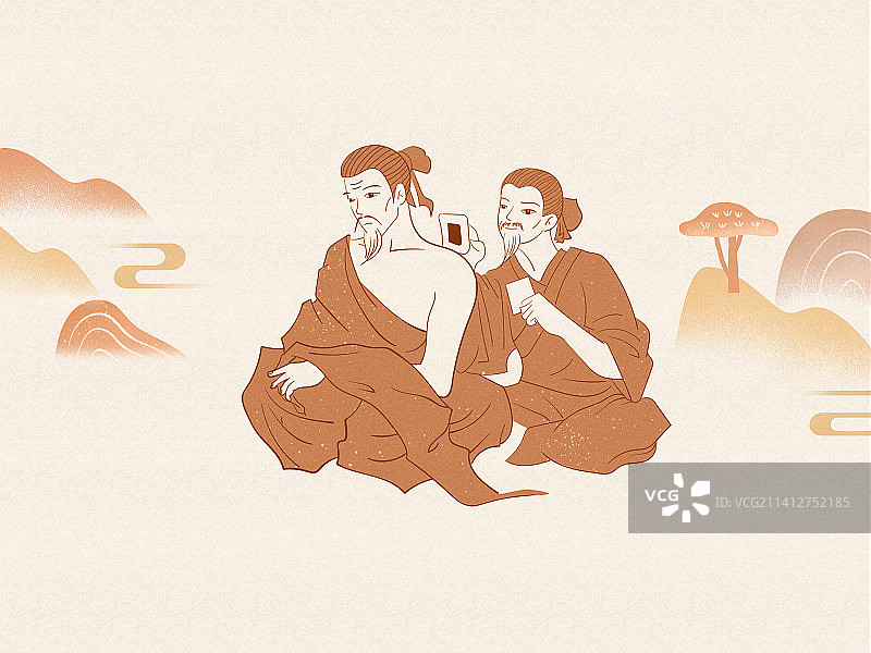 中草药中医传统肩周炎肩膀药膏治疗古人线条插画图片素材