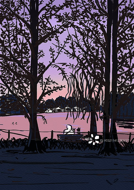 傍晚暮色中的公园湖边图片素材