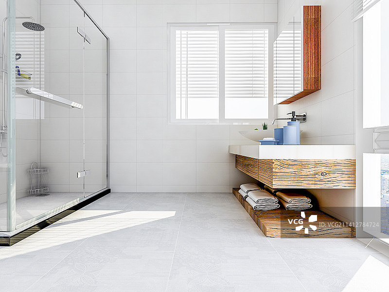 带有浴缸、马桶、洗手台的宽敞明亮的现代浴室设计图片素材