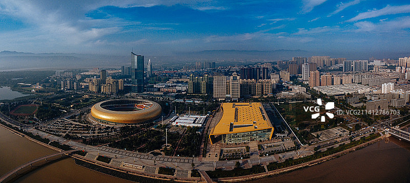 三门峡 地标 航拍 湖滨区 文化体育中心 三门峡国际文博城 文化科技中心 传媒大厦图片素材