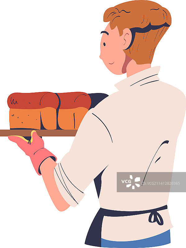 围裙面包师托盘拿热面包图片素材