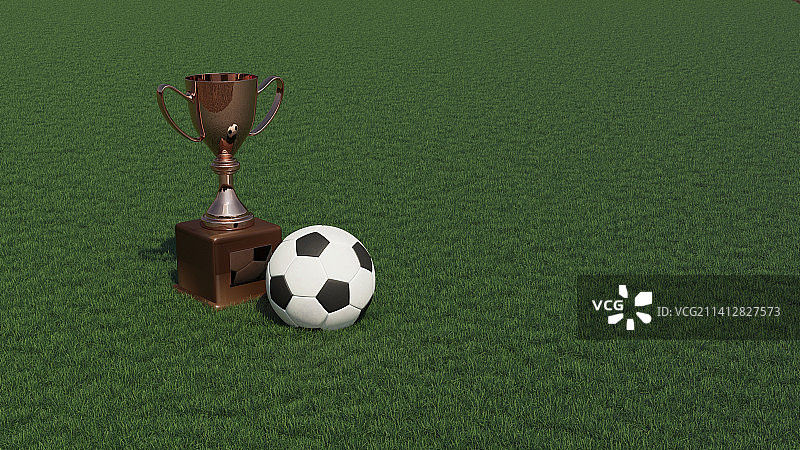 3D渲染 - 足球和金色奖杯立于绿色草坪上图片素材