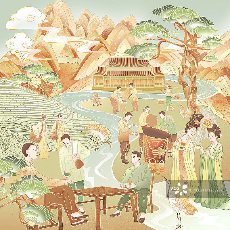 国风田园乡村茶叶采摘图片素材