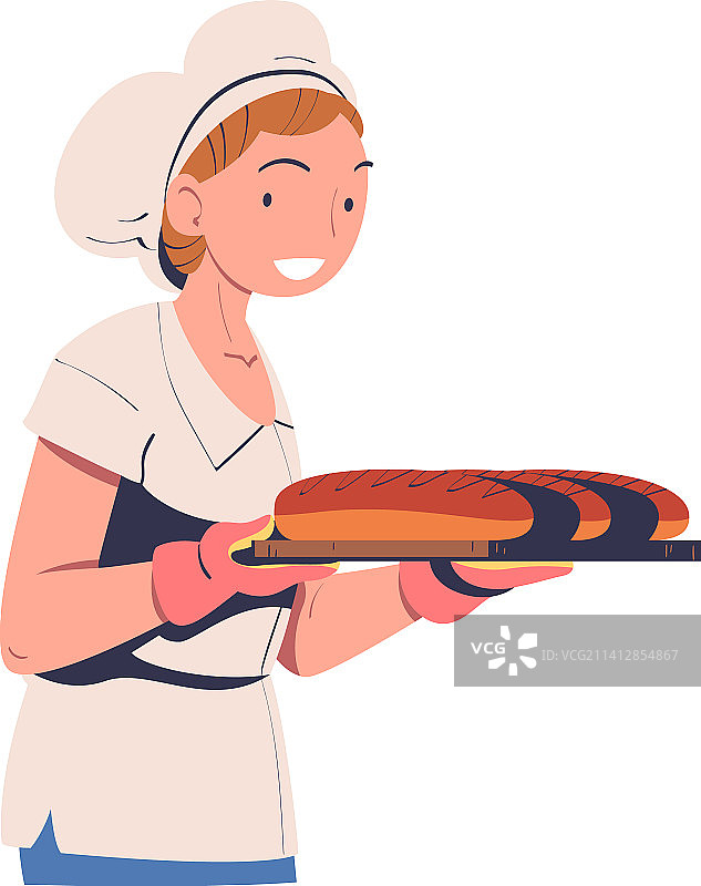 女面包师手持新鲜出炉面包图片素材