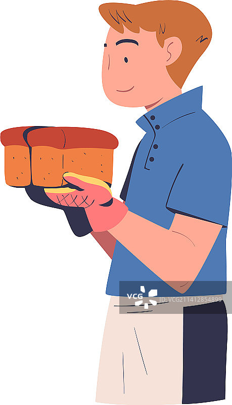 围裙面包师手持新鲜出炉的面包图片素材