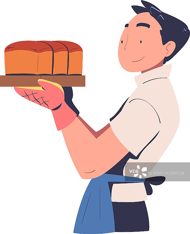 围着围裙拿着新鲜出炉面包的男面包师图片素材
