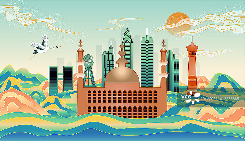 中国新疆乌鲁木齐市城市复古国风海报插画图片素材