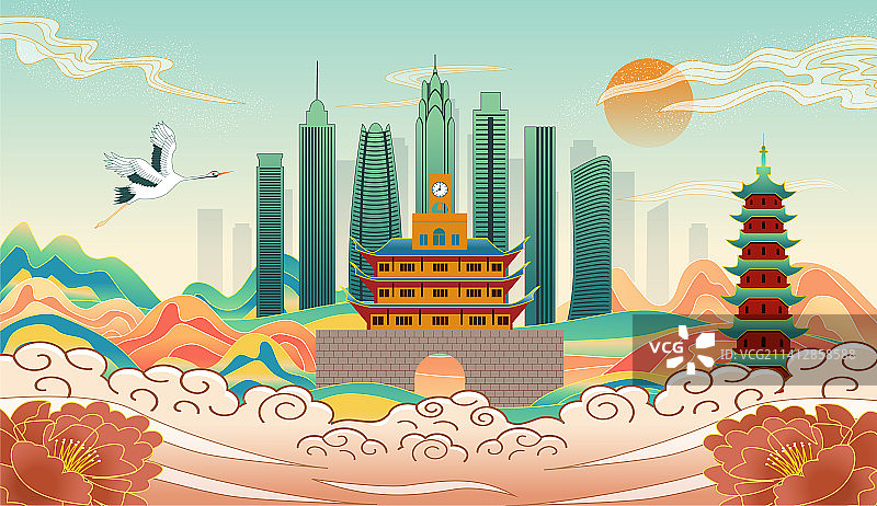 中国浙江宁波市城市复古国风海报插画图片素材