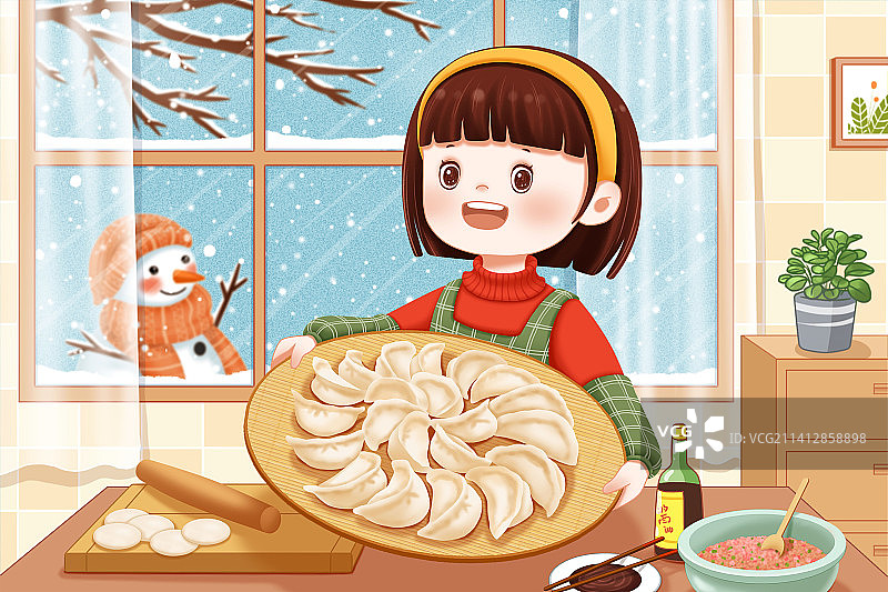 二十四节气冬至包饺子的女孩图片素材