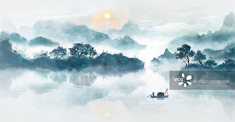 水彩意境蓝色山水画背景插画图片素材