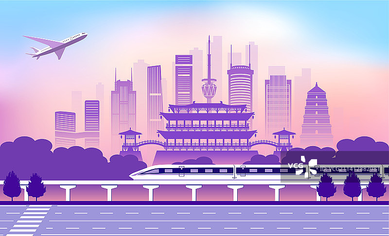 中国陕西西安市城市旅游交通商务插画图片素材