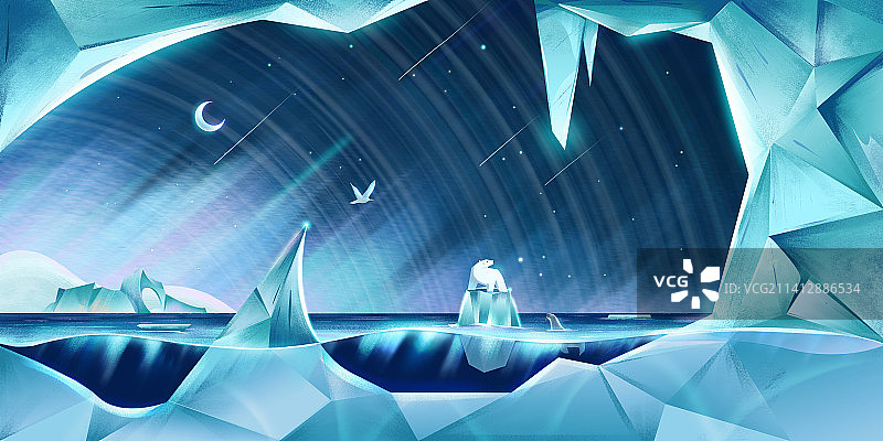 北极熊在冰川中孤独的站着。图片素材