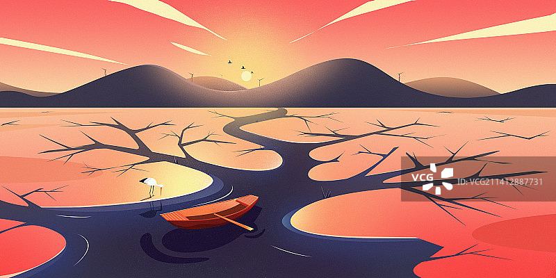 黄昏时，水鸟在水边觅食图片素材