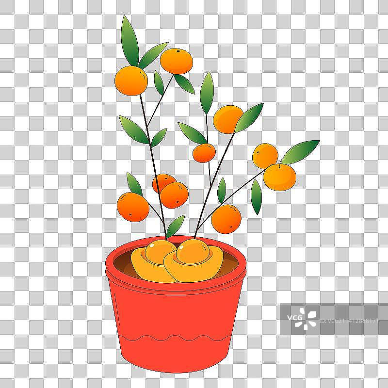 卡通桔子树和元宝矢量插画装饰元素图片素材