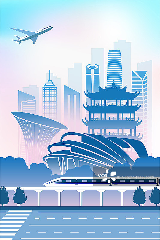 中国湖北省武汉市城市旅游交通商务插画图片素材