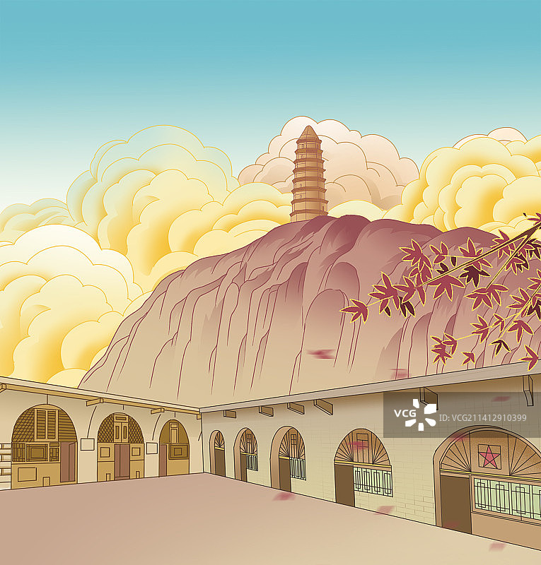 中国风新中式陕西延安风景景色景点宝塔山窑洞插画图片素材