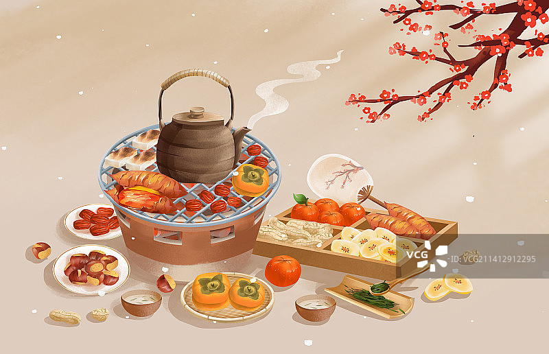 冬季围炉煮茶赏雪赏梅插画图片素材