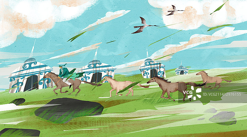 蒙古人蒙古包插画图片素材