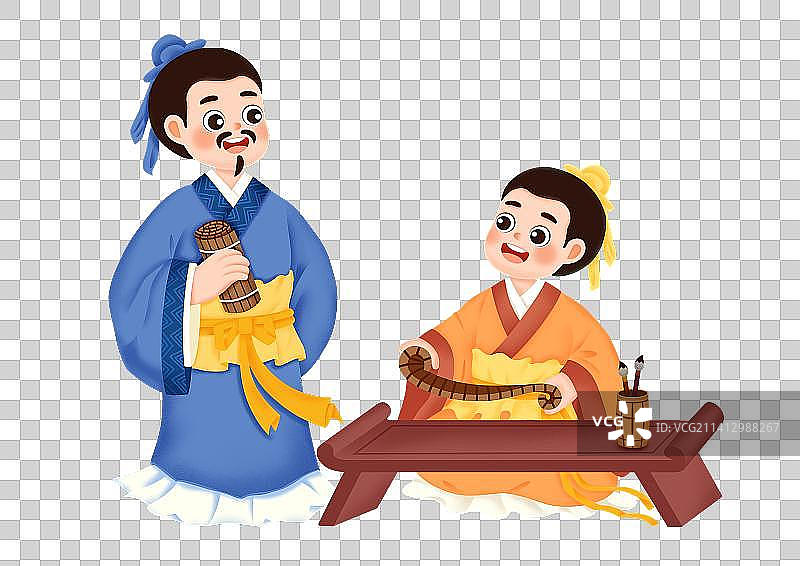 古装卡通人物插画，师生教学图片素材