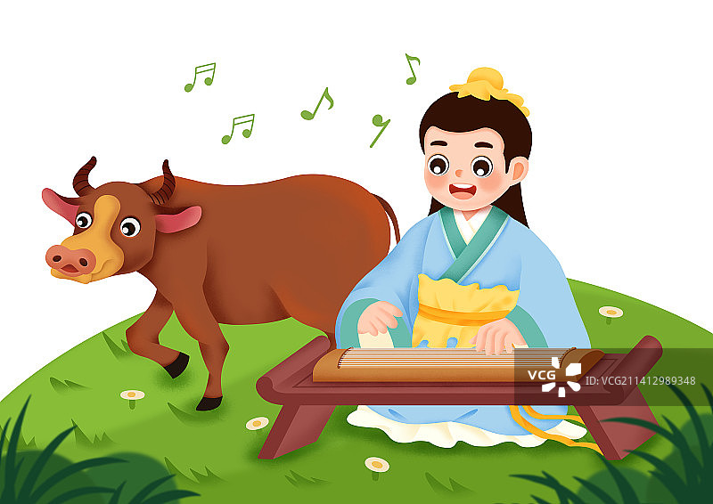 可爱的古装卡通人物系列，对牛弹琴，弹古筝图片素材