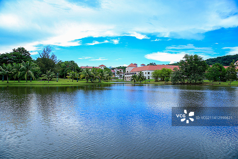 马来西亚沙巴大学清真建筑和椰子树图片素材