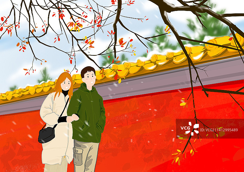 季节插画爱情故事人物情侣插图冬天大雪小寒节气图片素材