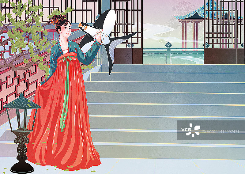 中国国风国潮汉服少女美女放风筝背景插画横版图片素材