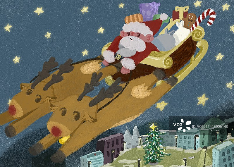 圣诞老人在圣诞节夜晚乘坐驯鹿雪橇飞行图片素材