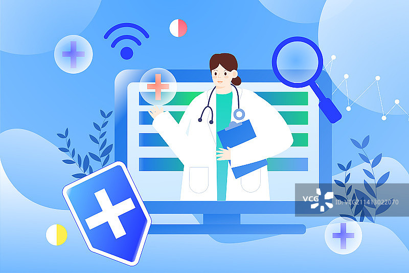 卡通民生保障安全保护保险医疗卫生医院医生护士线上问诊看诊互联网挂号健康体检扁平矢量插画图片素材