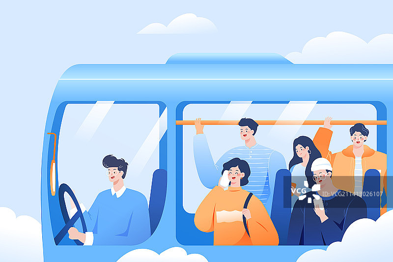 卡通出行交通城市服务公交大巴卡券打车低碳生活青年学生上班上学通勤高峰期打工人商务商业电商渐变矢量插画图片素材