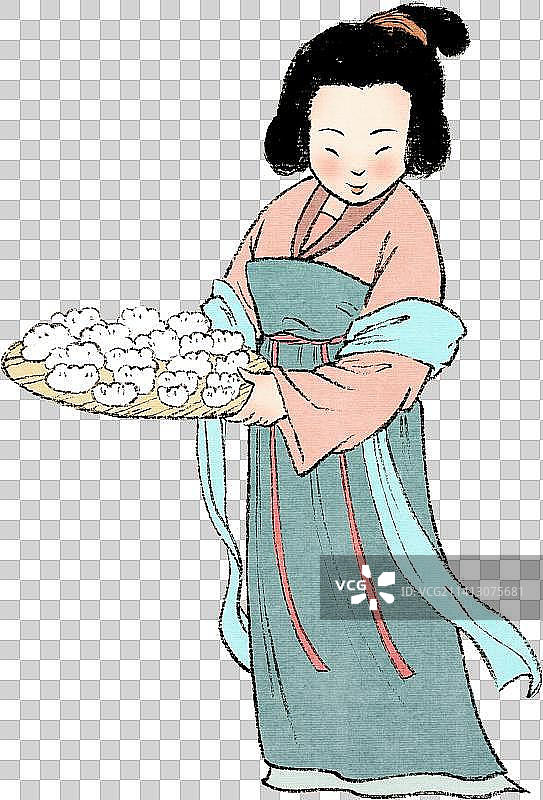 站立端着饺子低头看的唐装美女人物元素图片素材