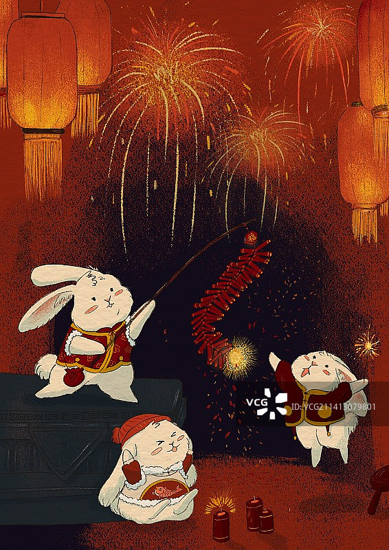 手绘感兔年年俗迎新年放鞭炮图片素材
