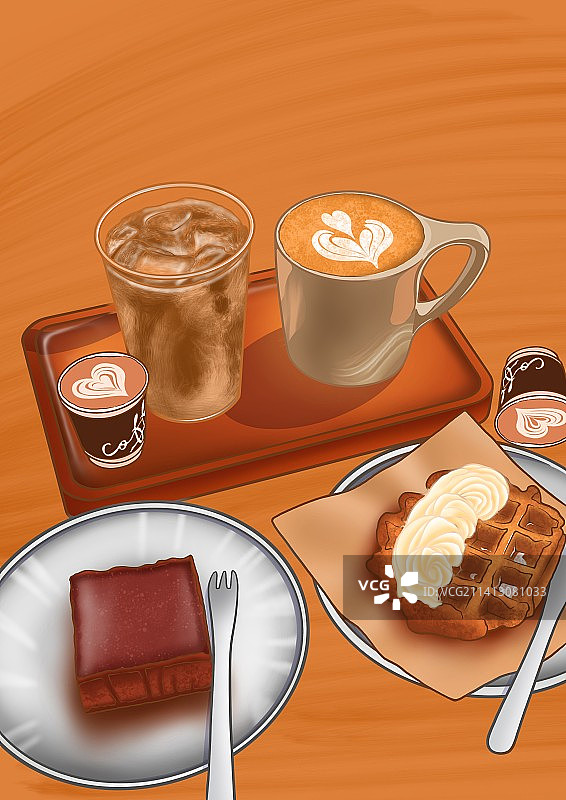 下午茶插画咖啡甜品提拉米苏巧克力蛋糕卡布奇诺午安图片素材